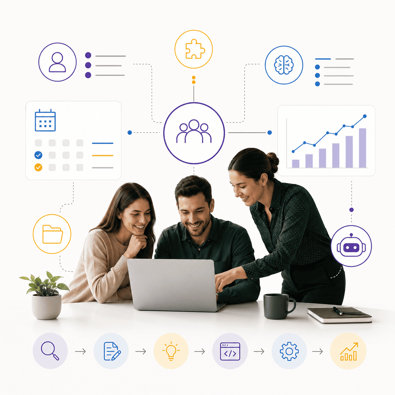 Ilustración de departamento digital con sistemas web y automatizaciones con Inteligencia Artificial